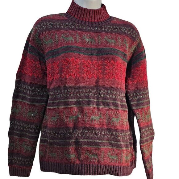 Vintage 90s Talbots Sweater Womens Size M Red Moose Holiday Fair Isle Mock Neck - Picture 5 of 9